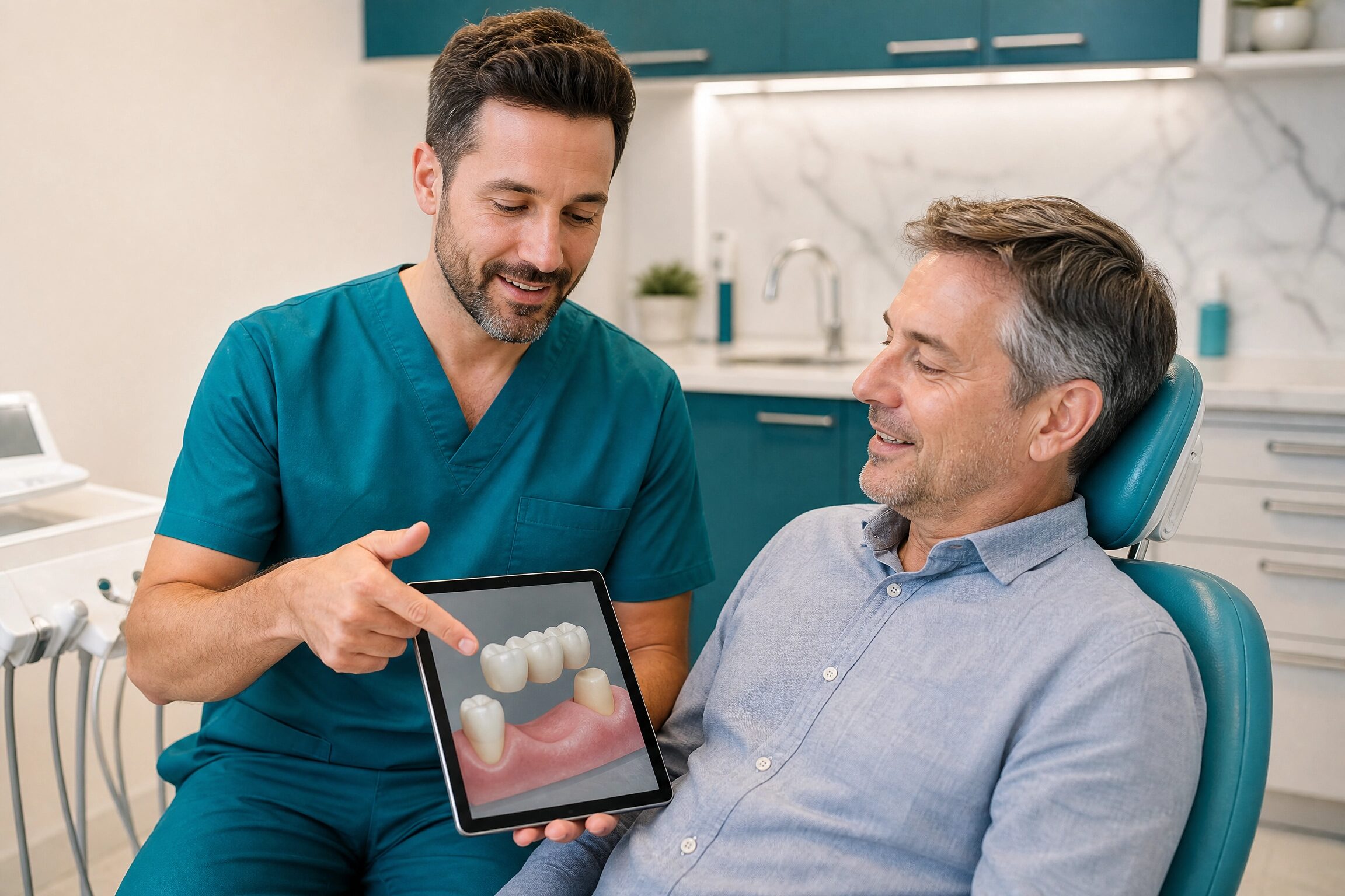 Dentist explaining bridge options to patient at Charlottesville Dental Associates