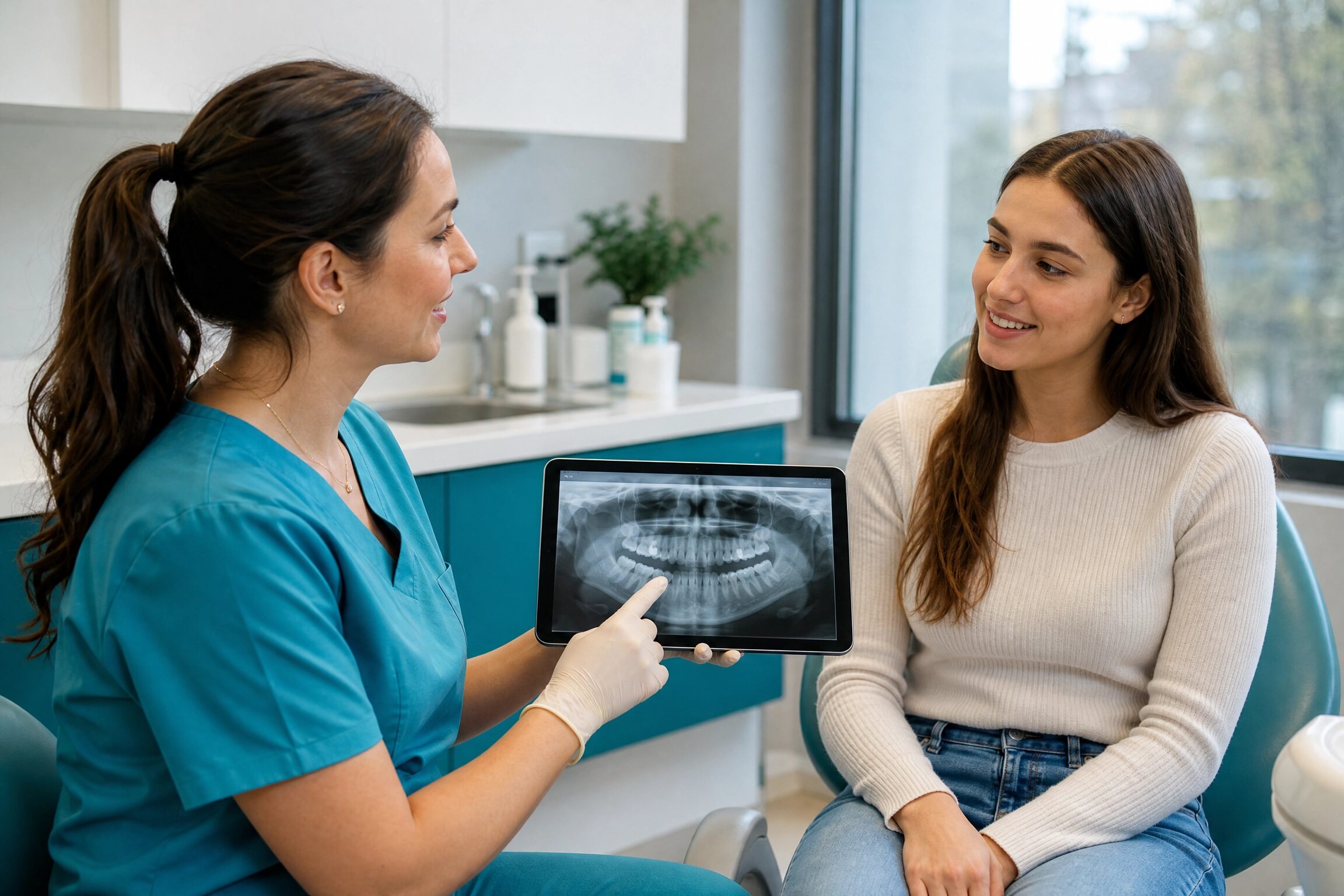 Dentist reviewing impacted wisdom tooth X-ray with patient at Charlottesville Dental Associates