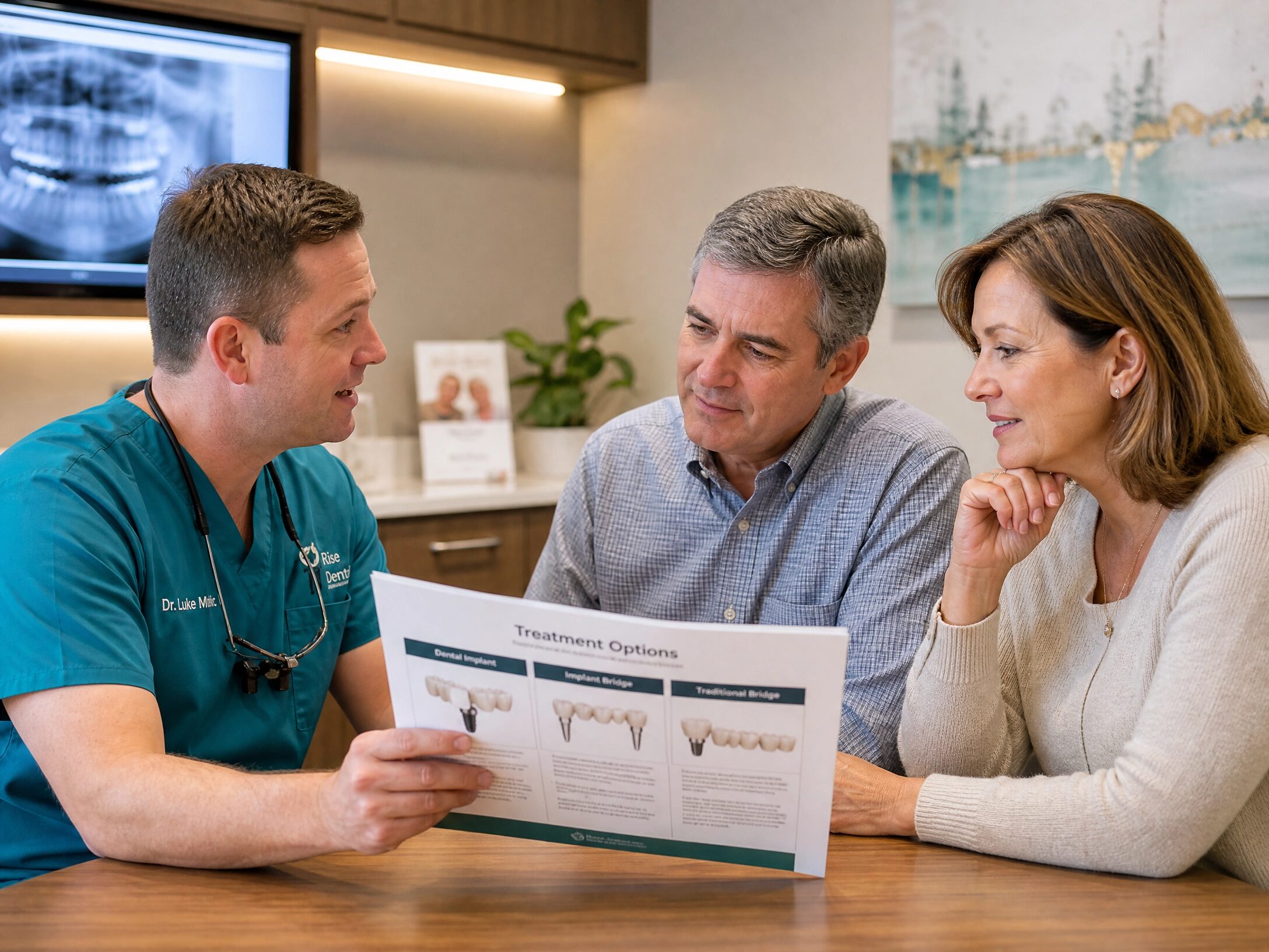 Dentist explaining implant vs bridge options at Charlottesville Dental Associates