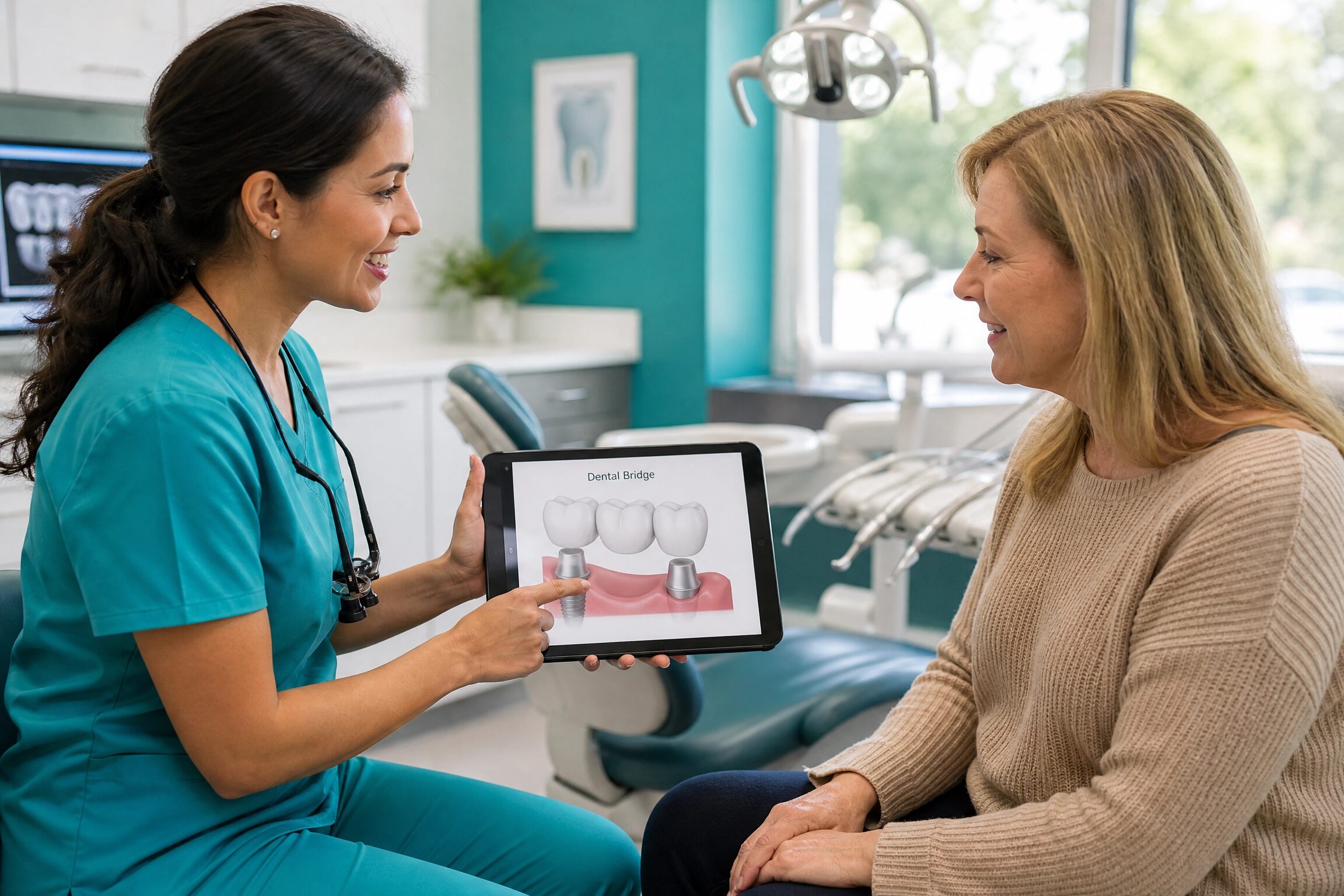 Dentist explaining dental bridge options to a patient at Charlottesville Dental Associates