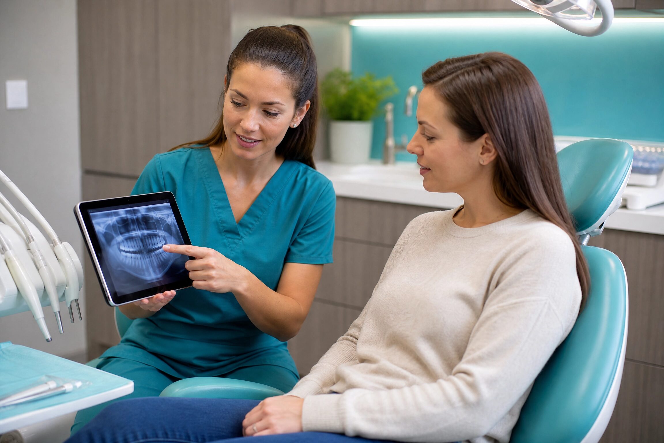 Dentist explaining endodontic treatment to a patient at Charlottesville Dental Associates