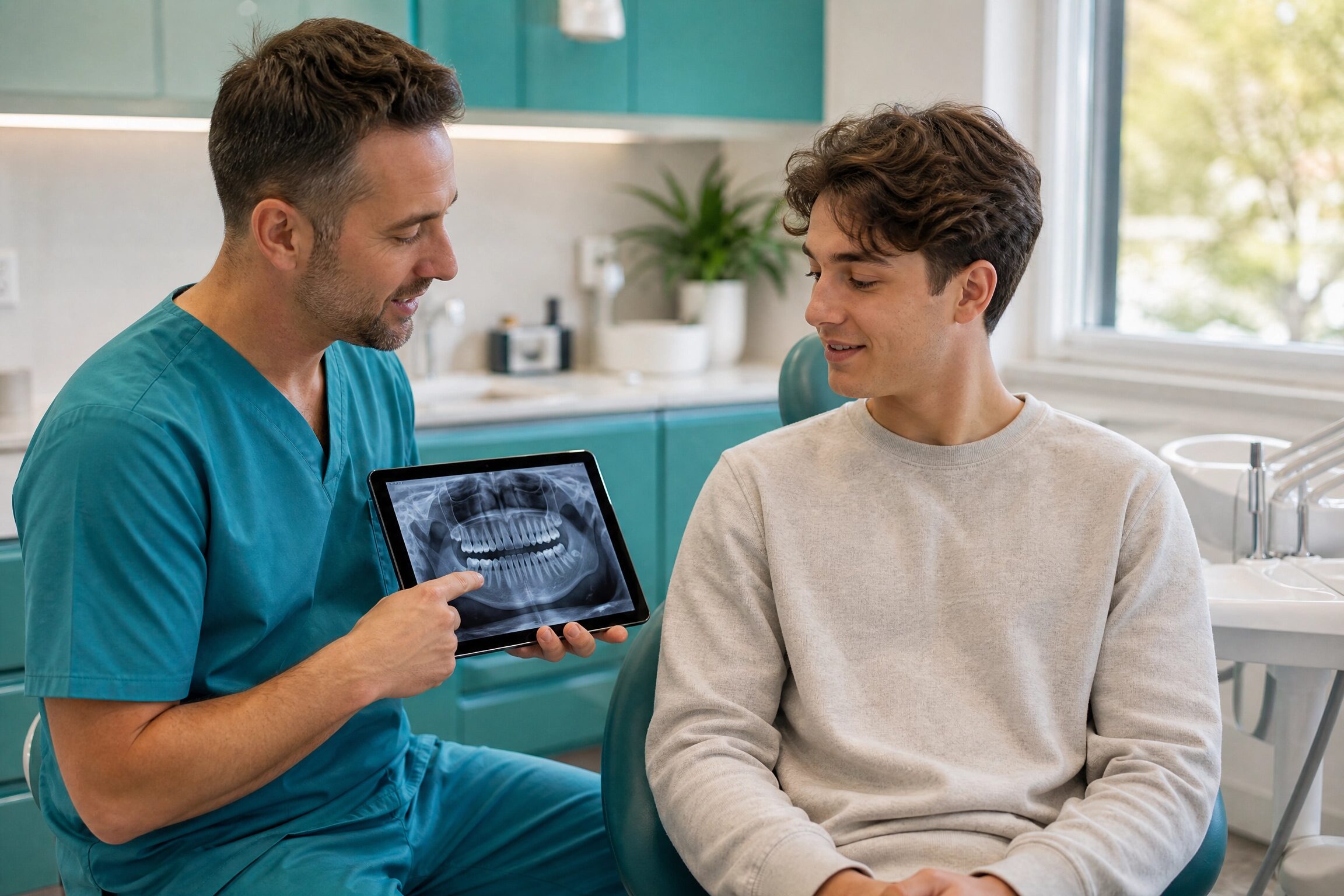 Dentist reviewing wisdom tooth X-ray with patient at Charlottesville Dental Associates