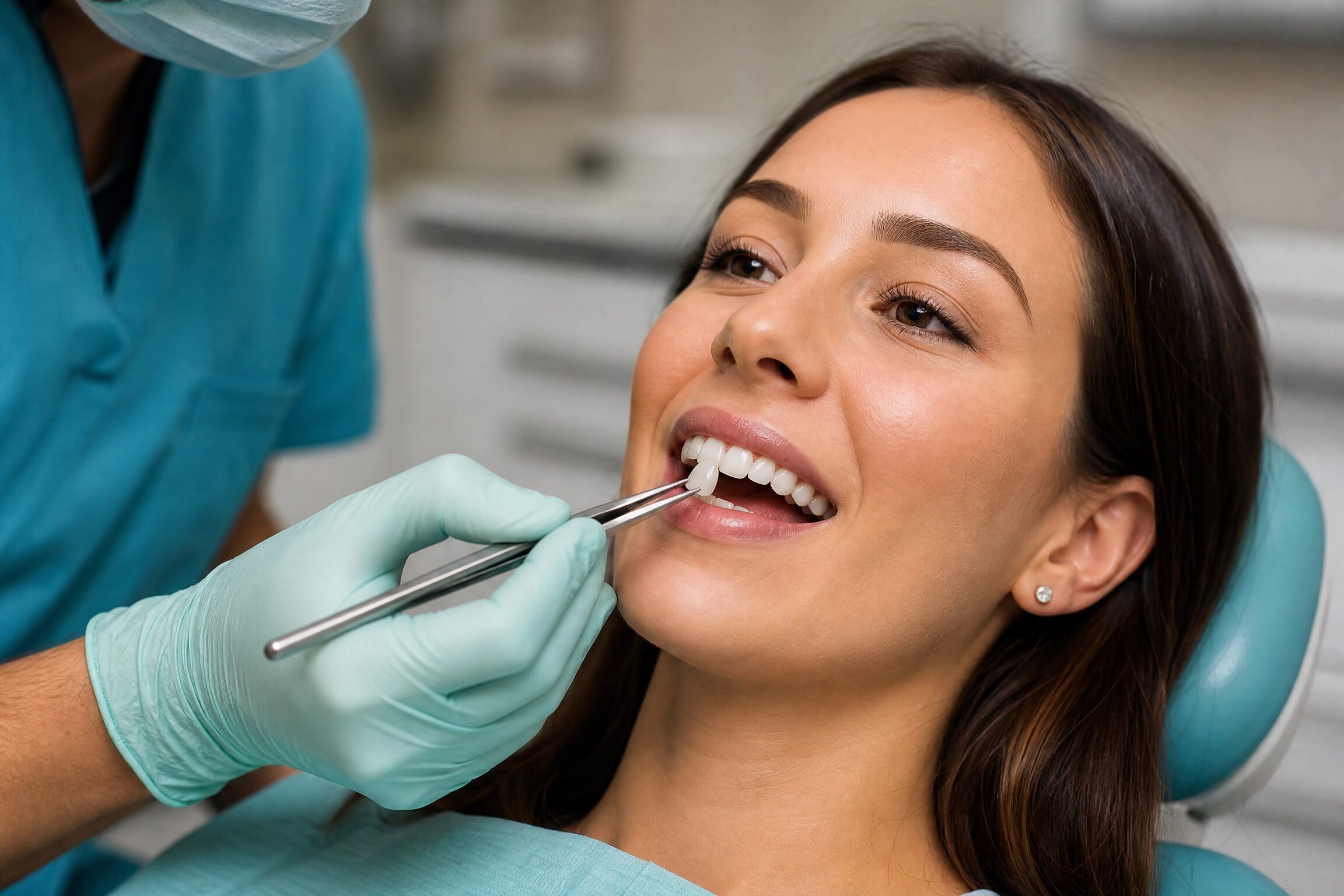 Custom porcelain veneers being reviewed at Charlottesville Dental Associates