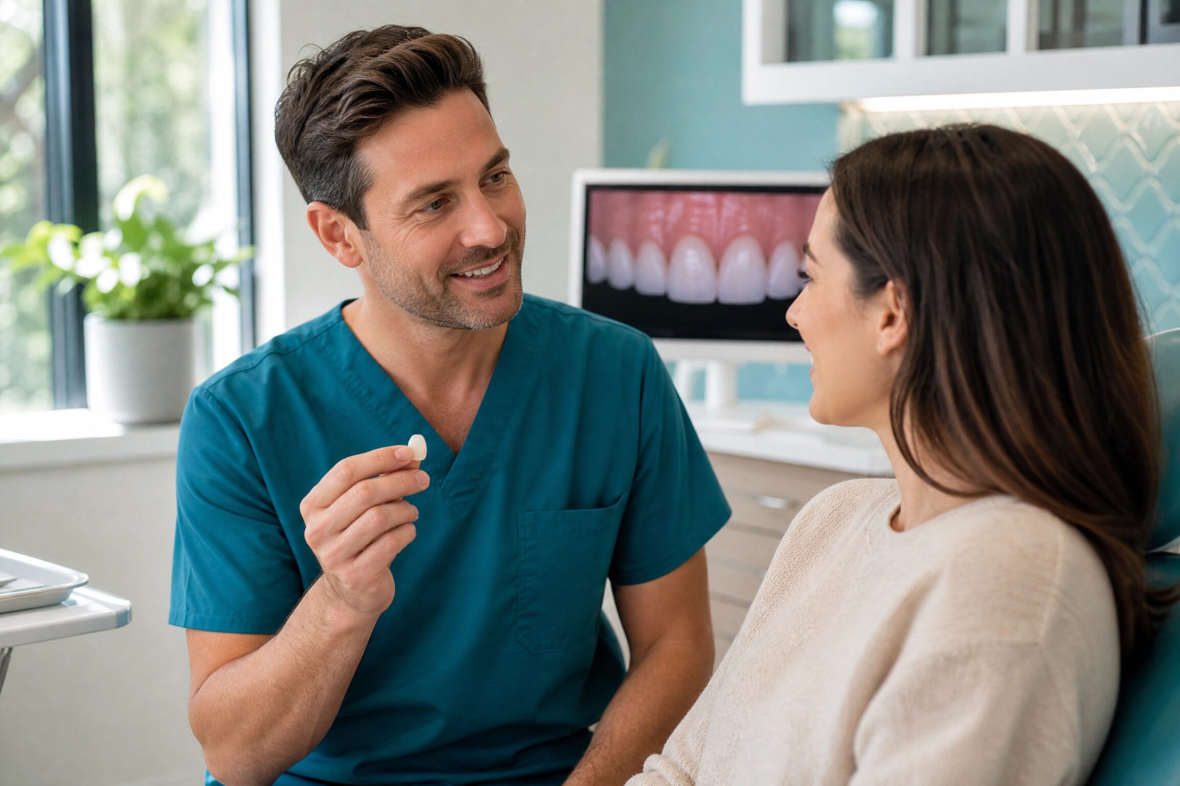 Dentist consulting with patient about single veneer options in Charlottesville VA